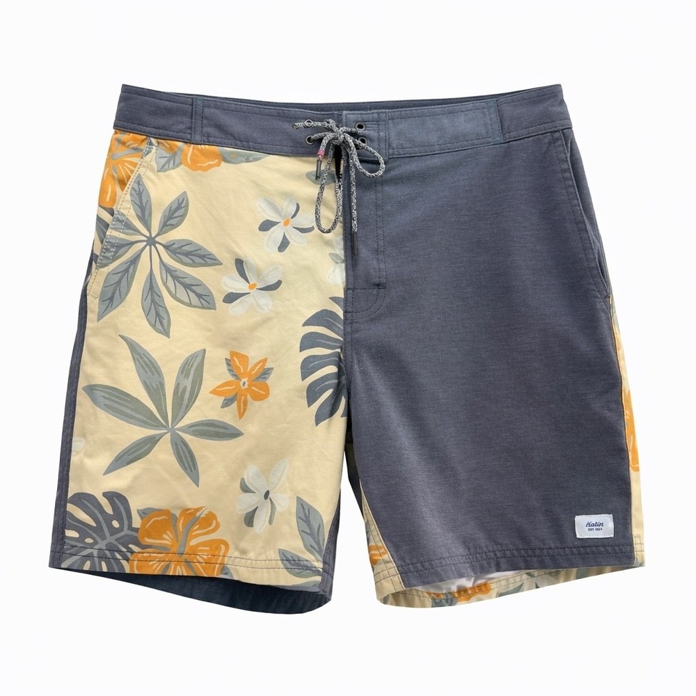 Katin Board Shorts Mens 32 Blue Floral Tropical Split Swim Trunks Surfwear